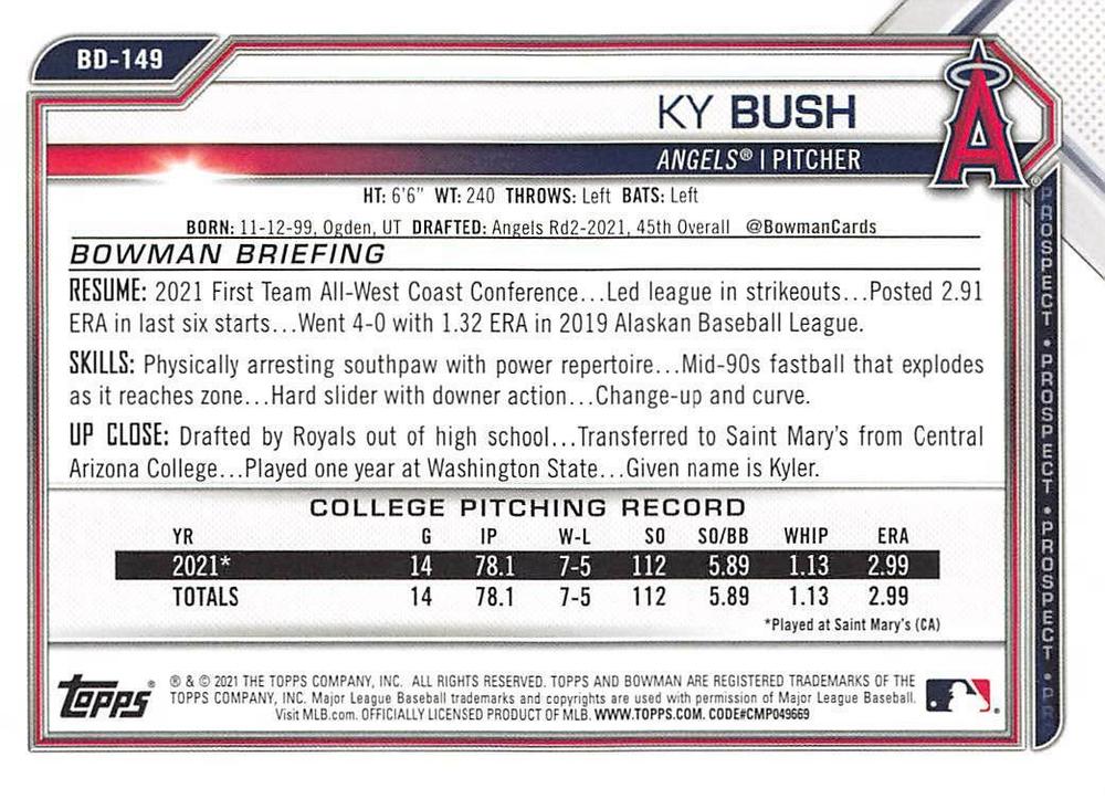 2021 Bowman Draft Ky Bush FBC 1st Bowman BD-149 Los Angeles Angels