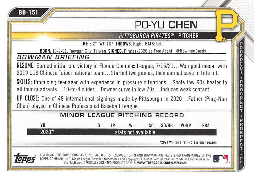2021 Bowman Draft Po-Yu Chen BD-151 Pittsburgh Pirates