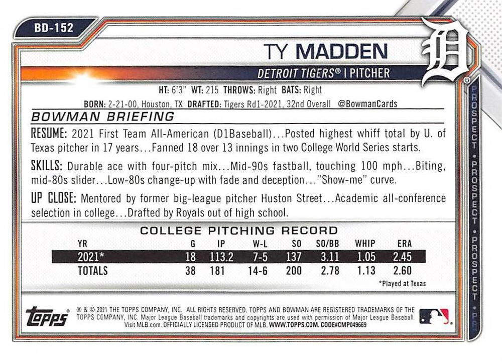 2021 Bowman Draft Ty Madden FBC 1st Bowman BD-152 Detroit Tigers