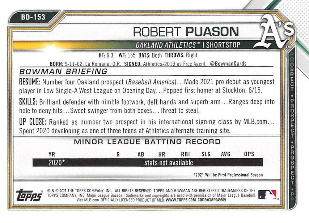 2021 Bowman Draft Robert Puason BD-153 Oakland Athletics