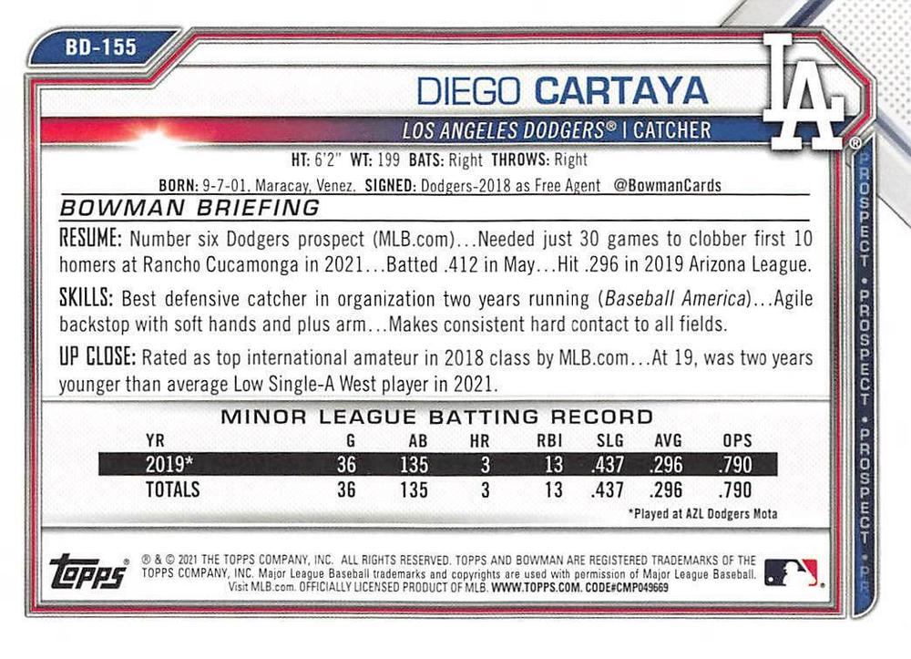 2021 Bowman Draft Diego Cartaya BD-155 Los Angeles Dodgers