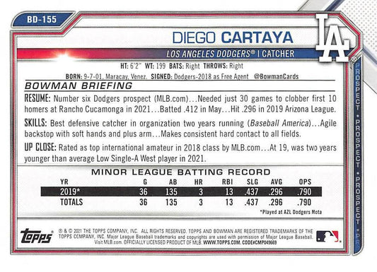 2021 Bowman Draft Diego Cartaya BD-155 Los Angeles Dodgers