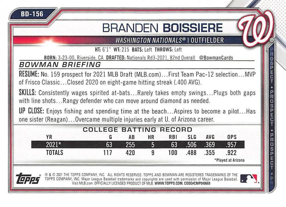 2021 Bowman Draft Branden Boissiere FBC 1st Bowman BD-156 Washington Nationals
