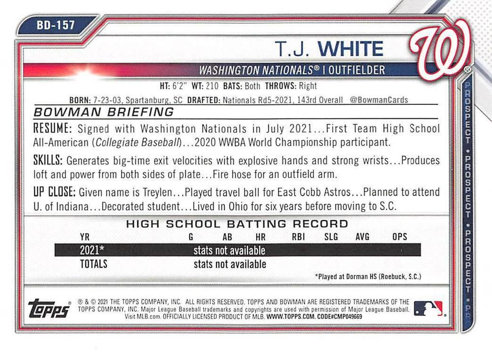 2021 Bowman Draft T.J. White FBC 1st Bowman BD-157 Washington Nationals