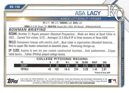 2021 Bowman Draft Asa Lacy BD-158 Kansas City Royals