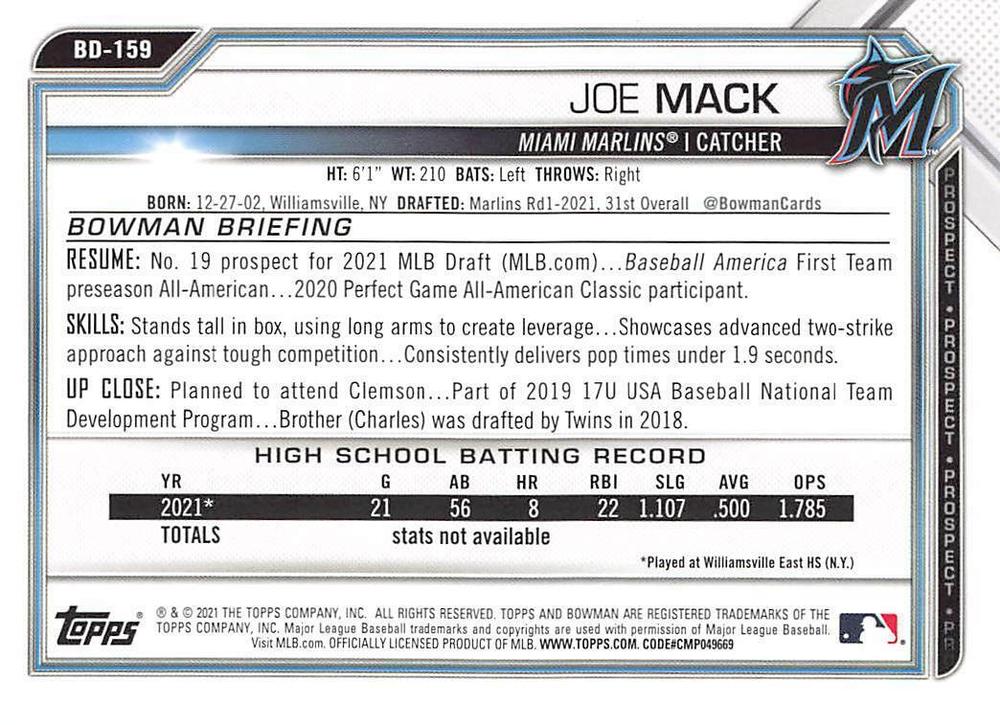 2021 Bowman Draft Joe Mack FBC 1st Bowman BD-159 Miami Marlins