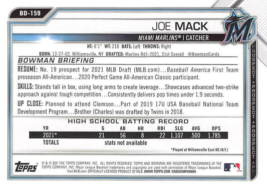 2021 Bowman Draft Joe Mack FBC 1st Bowman BD-159 Miami Marlins
