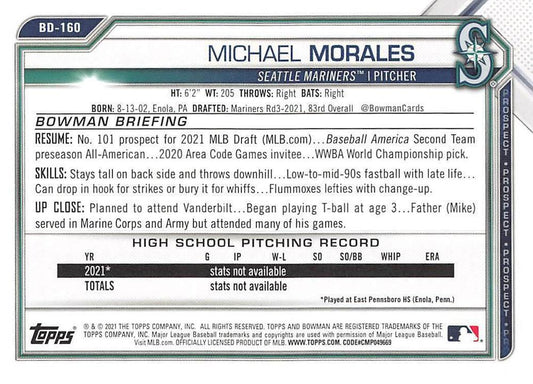2021 Bowman Draft Michael Morales FBC 1st Bowman BD-160 Seattle Mariners