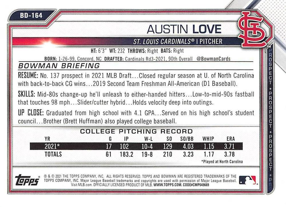 2021 Bowman Draft Austin Love FBC 1st Bowman BD-164 St. Louis Cardinals