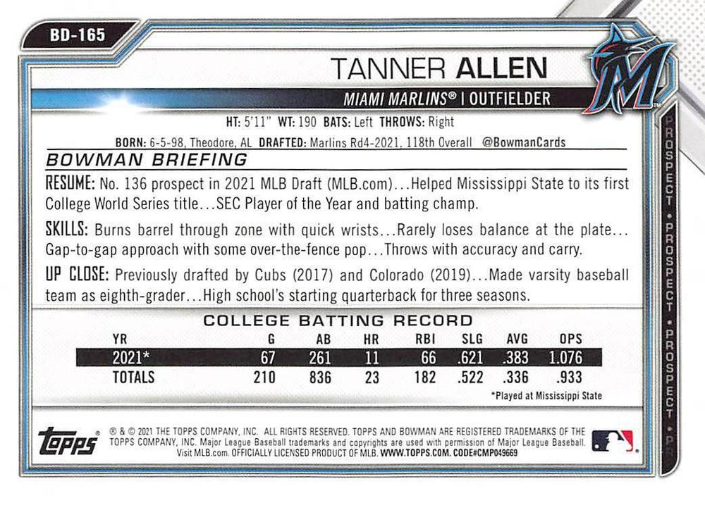 2021 Bowman Draft Tanner Allen FBC 1st Bowman BD-165 Miami Marlins