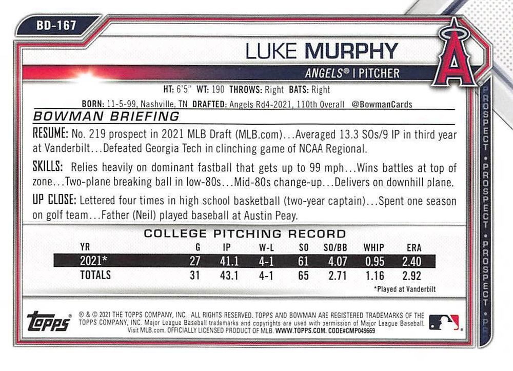 2021 Bowman Draft Luke Murphy FBC 1st Bowman BD-167 Los Angeles Angels