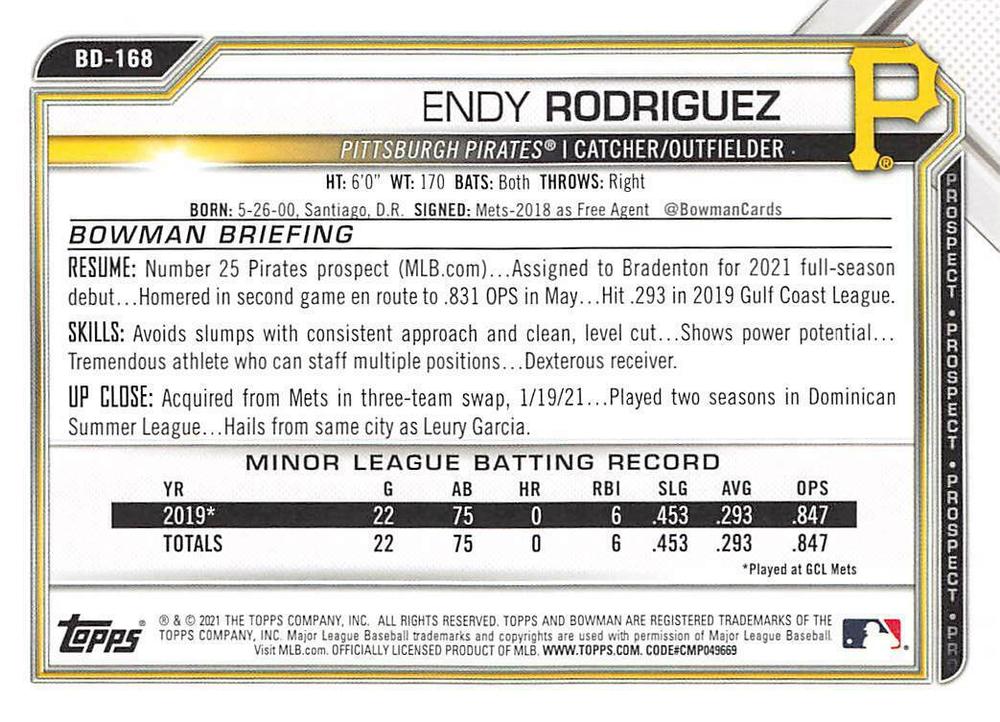 2021 Bowman Draft Endy Rodriguez BD-168 Pittsburgh Pirates