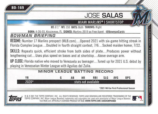 2021 Bowman Draft Jose Salas BD-169 Miami Marlins