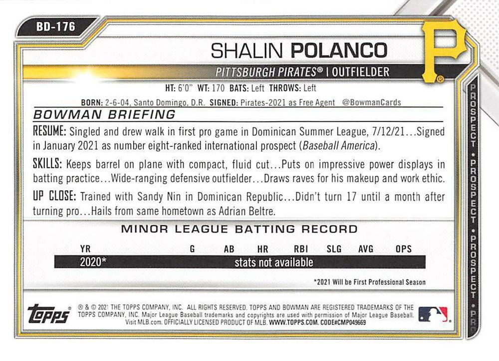 2021 Bowman Draft Shalin Polanco BD-176 Pittsburgh Pirates