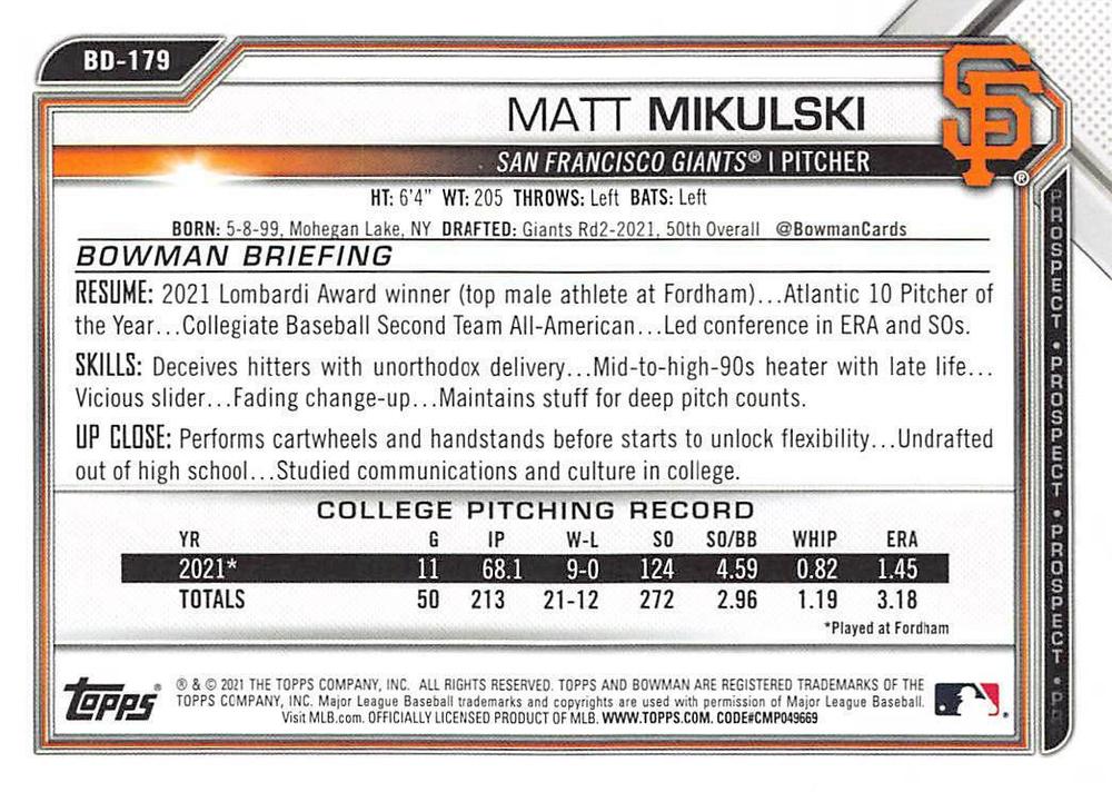 2021 Bowman Draft Matt Mikulski FBC 1st Bowman BD-179 San Francisco Giants