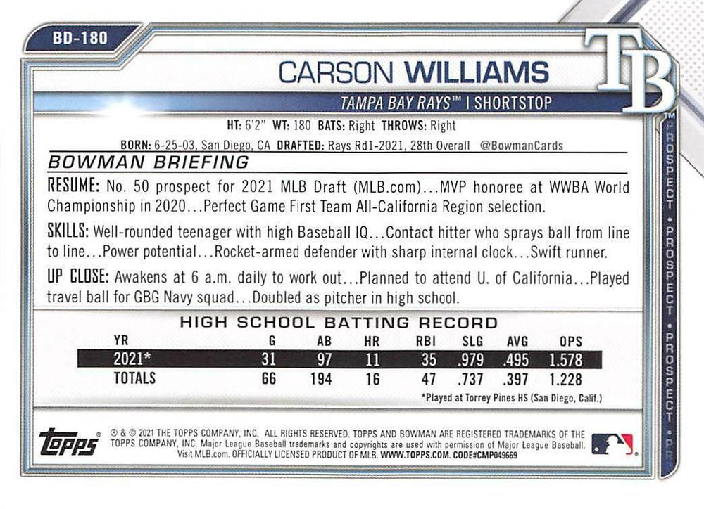 2021 Bowman Draft Carson Williams FBC 1st Bowman BD-180 Tampa Bay Rays