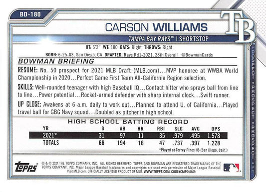 2021 Bowman Draft Carson Williams FBC 1st Bowman BD-180 Tampa Bay Rays