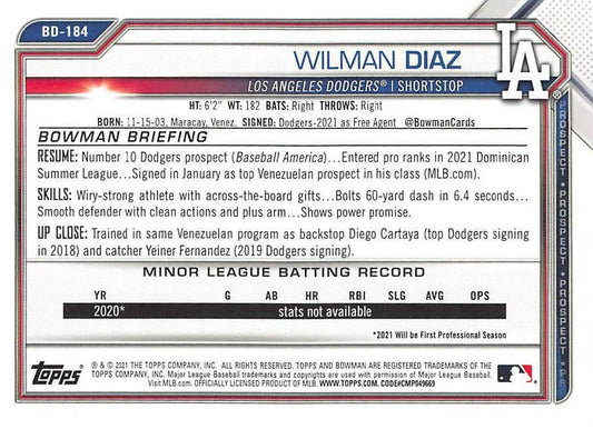2021 Bowman Draft Wilman Diaz BD-184 Los Angeles Dodgers