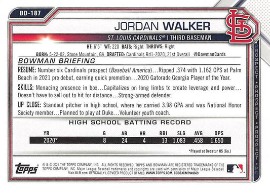 2021 Bowman Draft Jordan Walker BD-187 St. Louis Cardinals