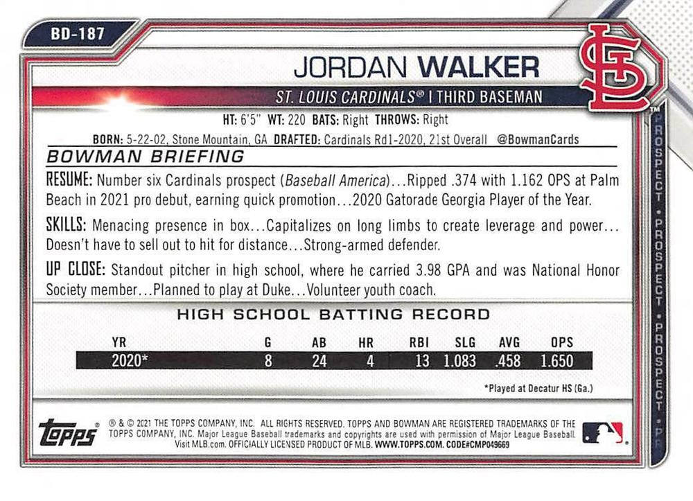 2021 Bowman Draft Jordan Walker BD-187 St. Louis Cardinals