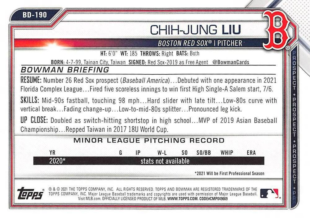 2021 Bowman Draft Chih-Jung Liu BD-190 Boston Red Sox