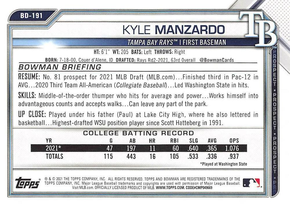 2021 Bowman Draft Kyle Manzardo FBC 1st Bowman BD-191 Tampa Bay Rays