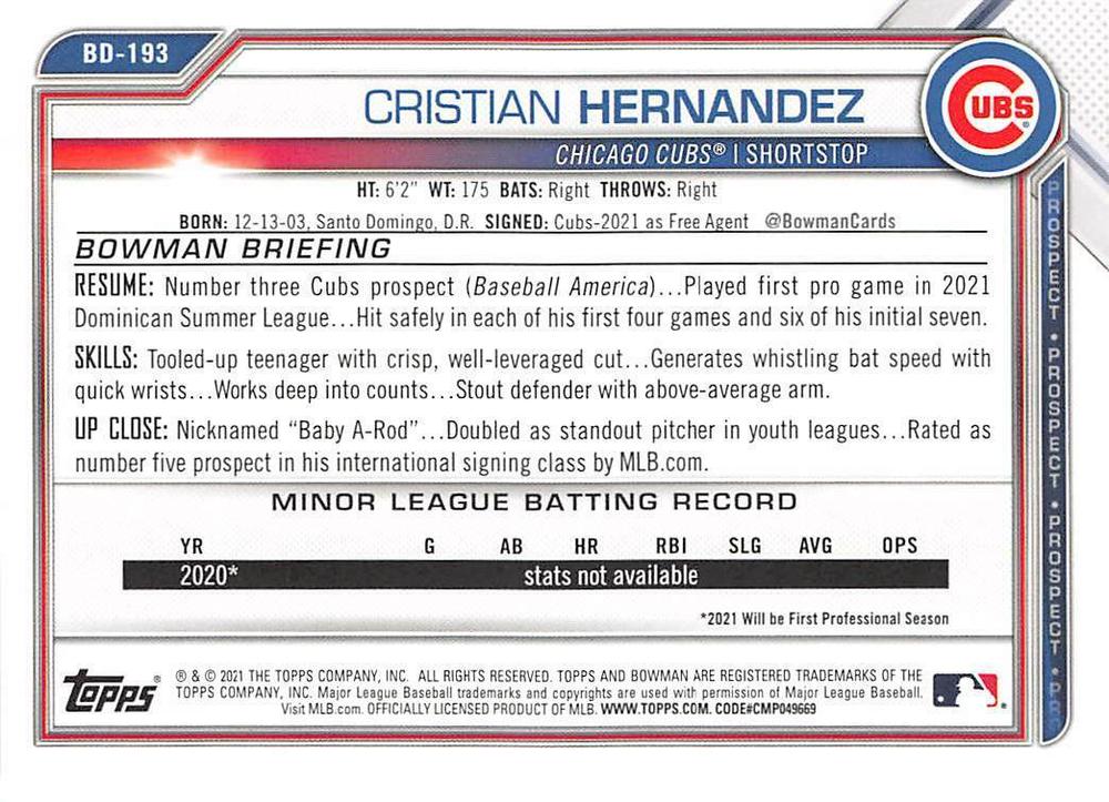 2021 Bowman Draft Cristian Hernandez BD-193 Chicago Cubs