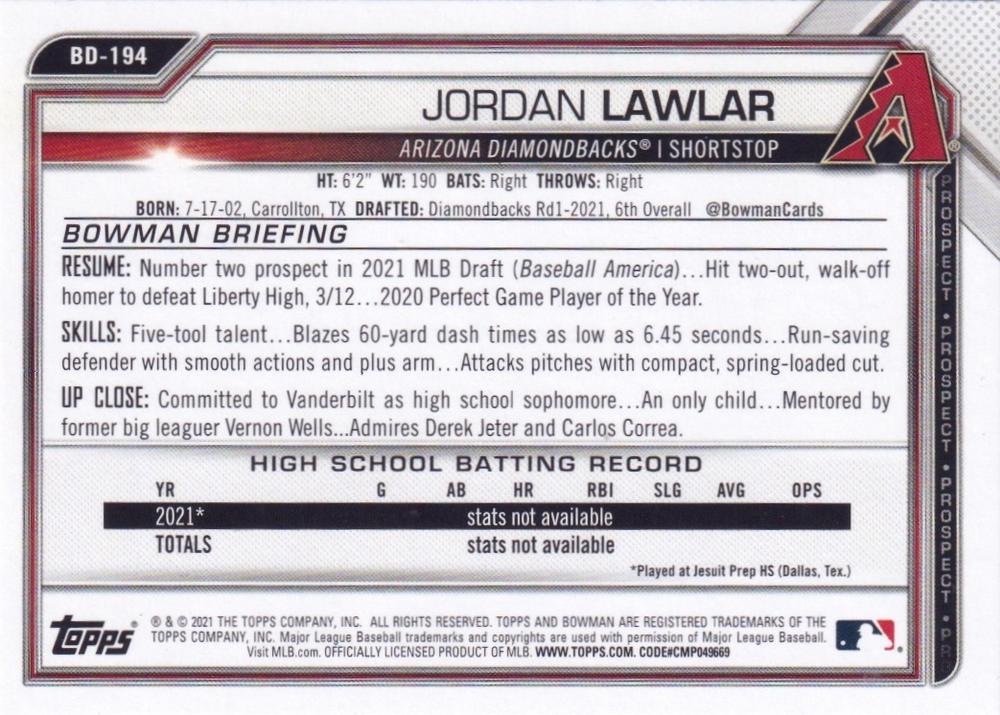 2021 Bowman Draft Jordan Lawlar FBC 1st Bowman BD-194 Arizona Diamondbacks