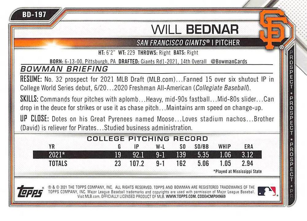 2021 Bowman Draft Will Bednar FBC 1st Bowman BD-197 San Francisco Giants