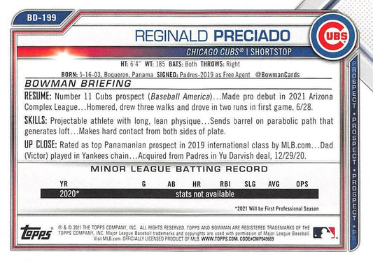 2021 Bowman Draft Reginald Preciado BD-199 Chicago Cubs