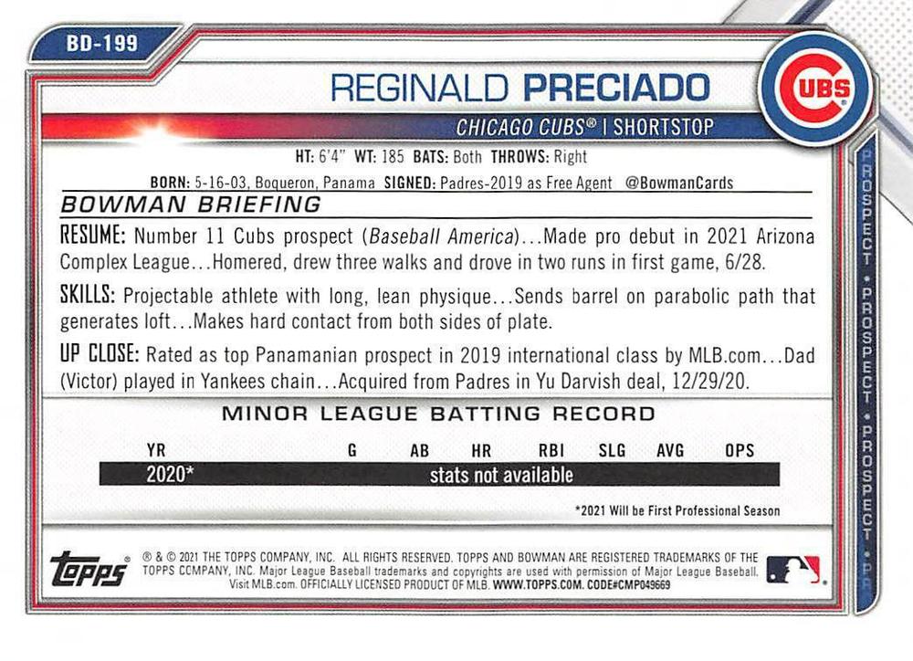 2021 Bowman Draft Reginald Preciado BD-199 Chicago Cubs