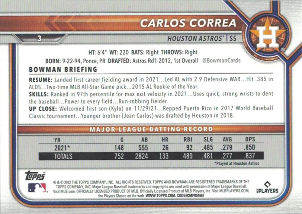 2022 Bowman Carlos Correa #3 Houston Astros