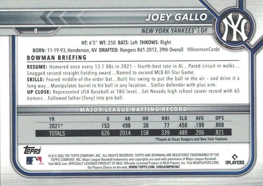 2022 Bowman Joey Gallo #8 New York Yankees