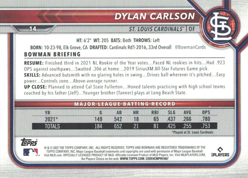 2022 Bowman Dylan Carlson #14 St. Louis Cardinals
