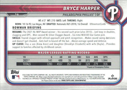 2022 Bowman Bryce Harper #16 Philadelphia Phillies