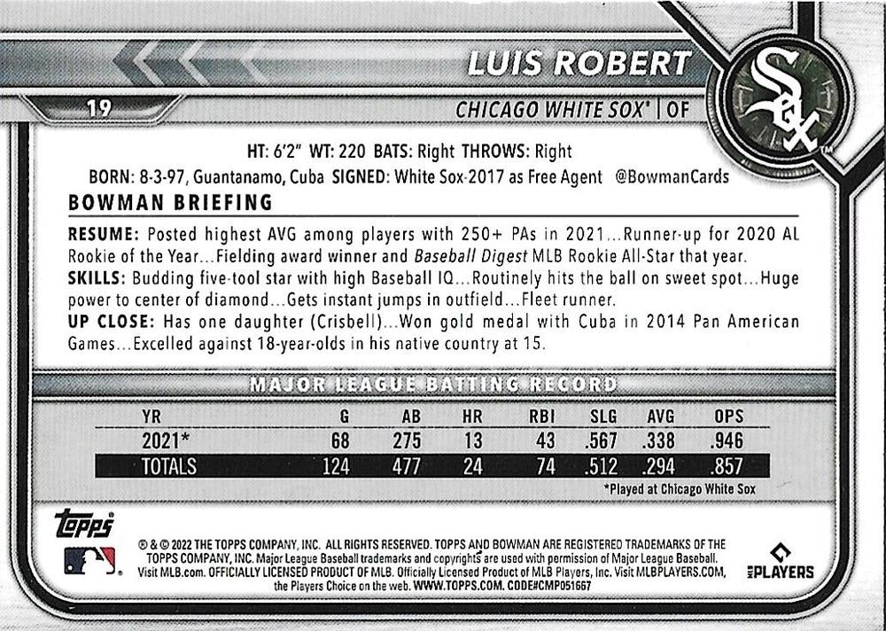 2022 Bowman Luis Robert #19 Chicago White Sox