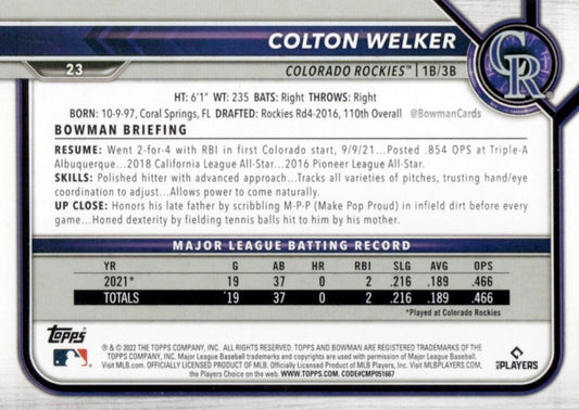 2022 Bowman Colton Welker #23 Colorado Rockies