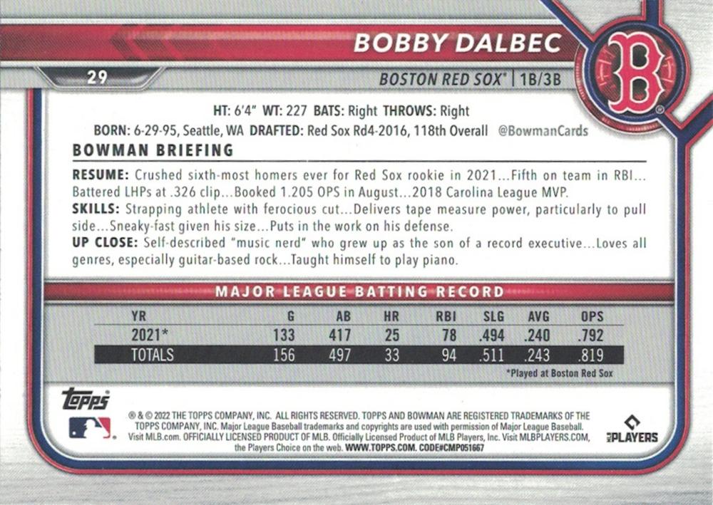 2022 Bowman Bobby Dalbec #29 Boston Red Sox