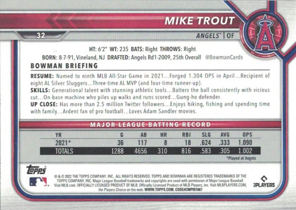 2022 Bowman Mike Trout #32 Los Angeles Angels