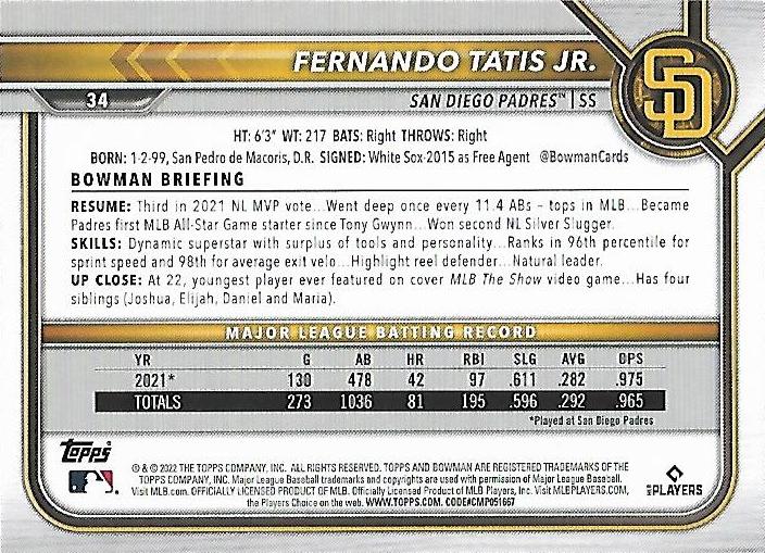 2022 Bowman Fernando Tatis Jr. #34 San Diego Padres