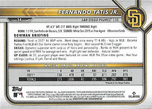 2022 Bowman Fernando Tatis Jr. #34 San Diego Padres