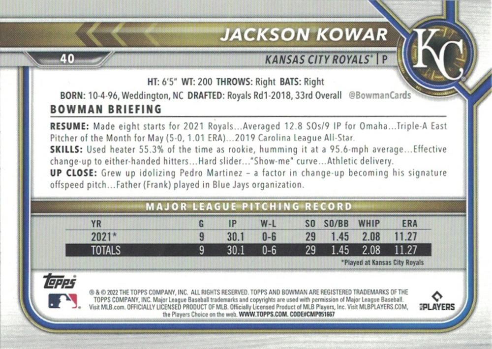 2022 Bowman Jackson Kowar #40 Kansas City Royals
