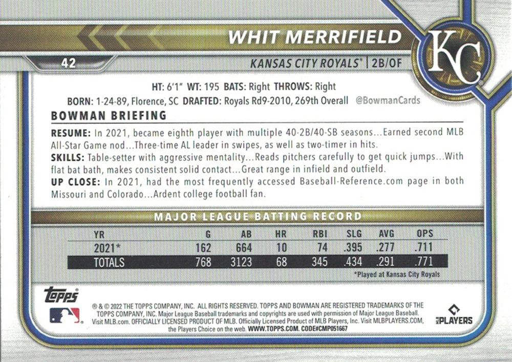 2022 Bowman Whit Merrifield #42 Kansas City Royals