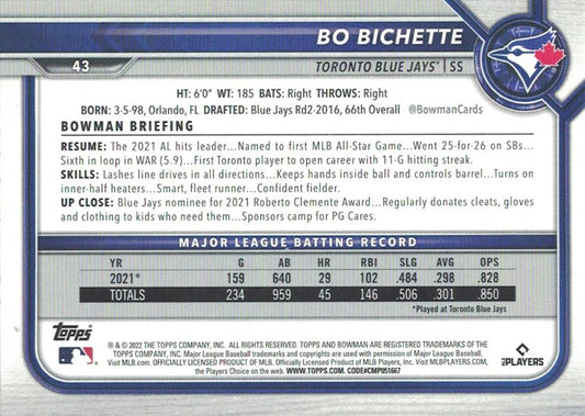 2022 Bowman Bo Bichette #43 Toronto Blue Jays