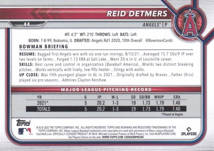 2022 Bowman Reid Detmers #44 Los Angeles Angels