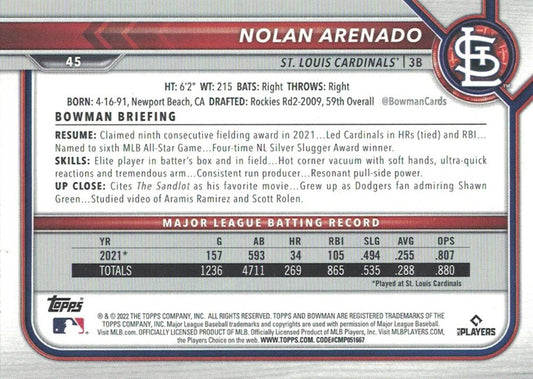 2022 Bowman Nolan Arenado #45 St. Louis Cardinals