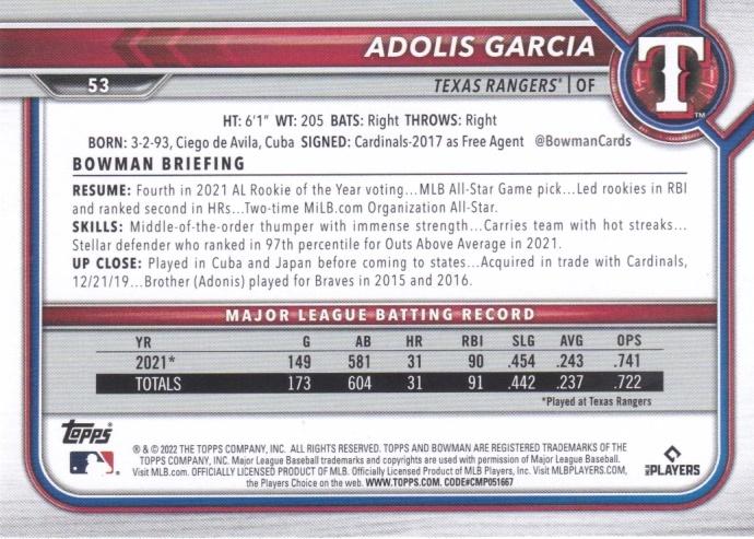 2022 Bowman Adolis Garcia #53 Texas Rangers