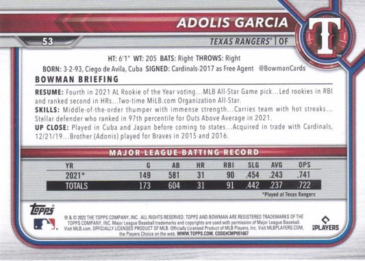 2022 Bowman Adolis Garcia #53 Texas Rangers
