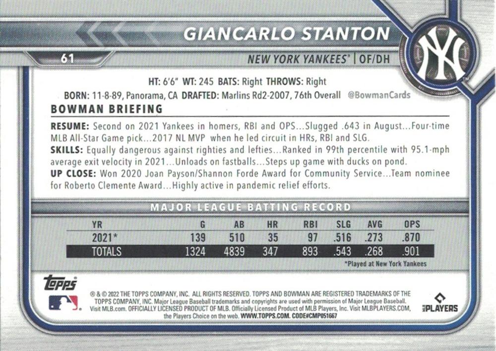 2022 Bowman Giancarlo Stanton #61 New York Yankees