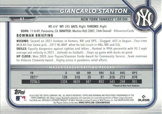 2022 Bowman Giancarlo Stanton #61 New York Yankees